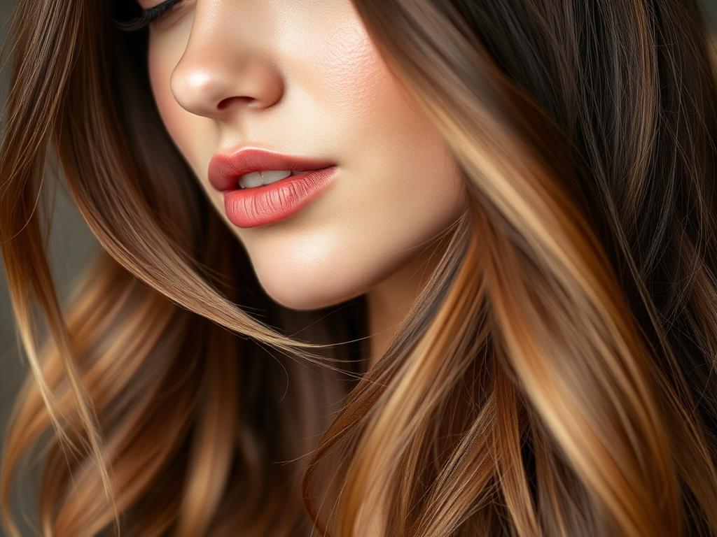 Close-up of glossy hand-painted balayage highlights in caramel and honey tones