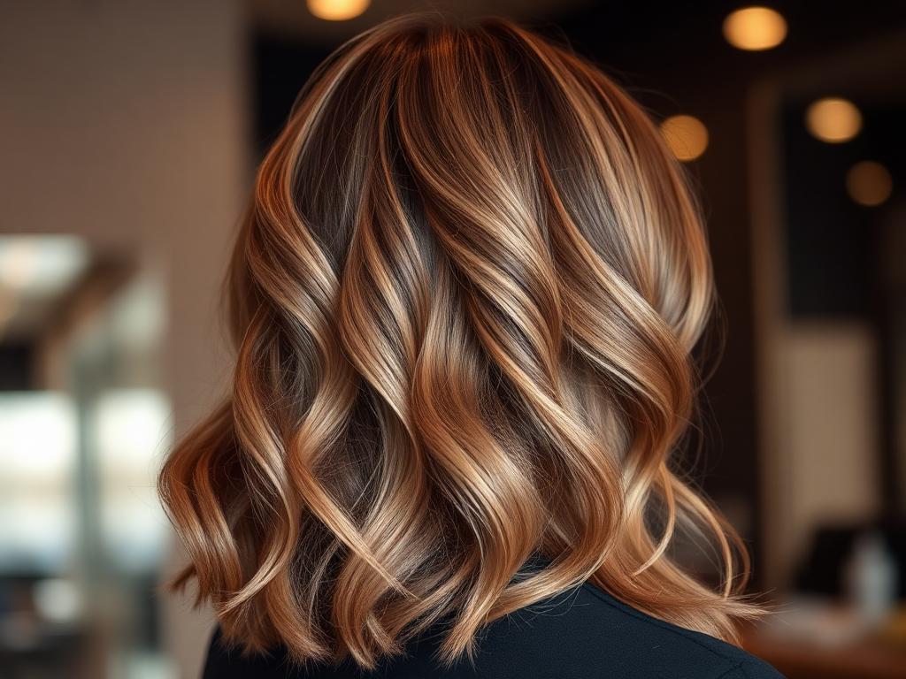 Back view of a soft bronde color melt with seamless shadow root and iced caramel ends