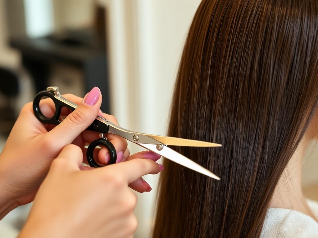 Stylist's hands holding professional shears cutting a precise blunt line on glossy brunette hair