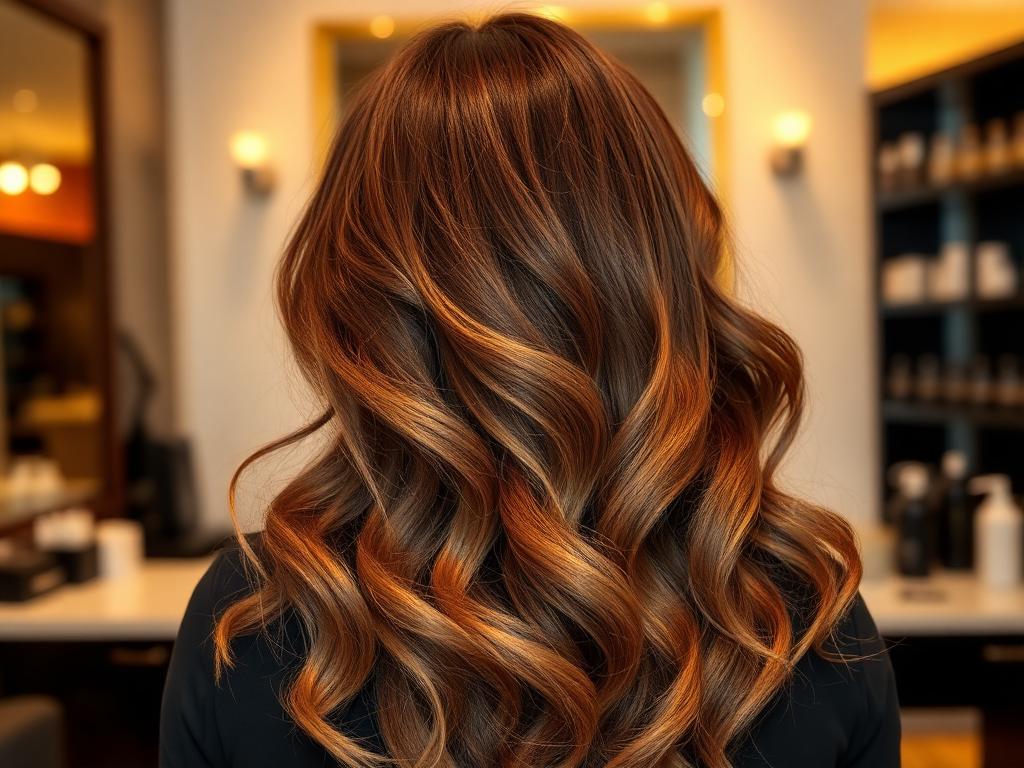 Bronde color melt with bronze roots blending into honey waves