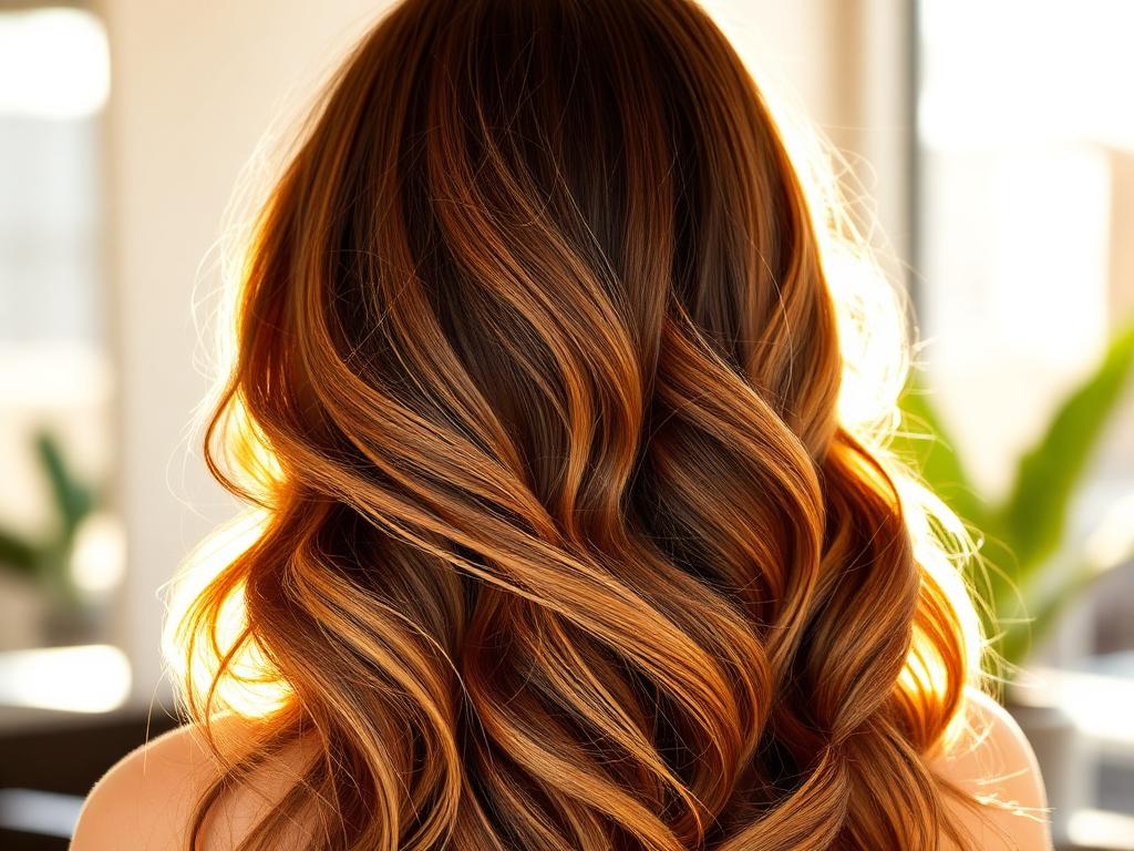 Sunlit brunette color melt with deep base melted into golden caramel